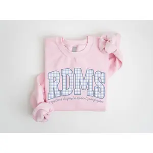 Sonographer Sweatshirt for Women, Casual Blue Gingham Fleece Crewneck with a Comfy Oversized Fit, Everyday Work Gift for Ultrasound Tech