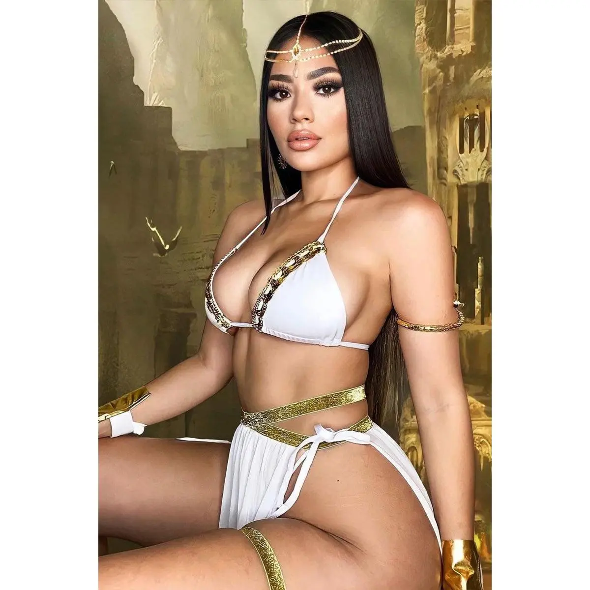 Gold White Strappy Sequin Sexy Goddess 5 Piece Costume