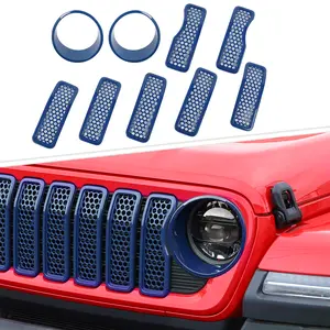 Front Mesh Grille & Headlight Trim Ring Cover Parts for 2024+ Jeep Wrangler JL/Gladiator JT Vehicle, UV Resistant, DIY Install, Unique Look Car Exterior Accessory