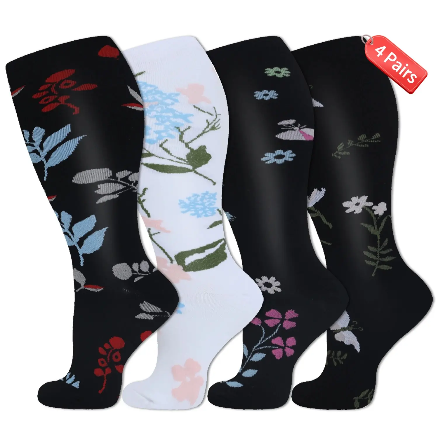 Isunie 4 Pairs Wide Calf Compression Socks for Women & Men, 15-20 mmHg, Breathable, Lightweight & Moisture-Wicking for Circulation, Work, Travel & Everyday Wear, Live Exclusive, Summer Deal