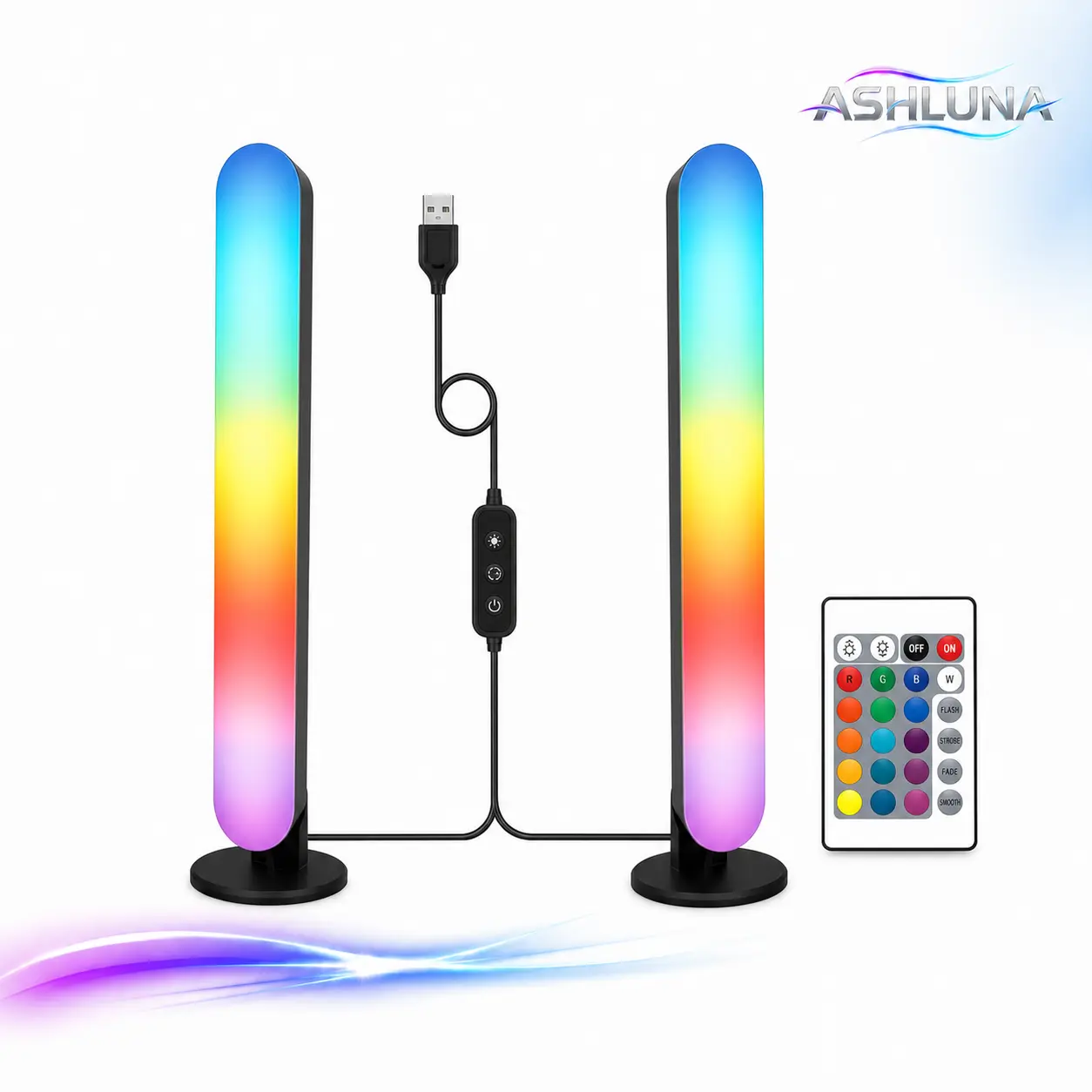 ASHLUNA RGB Smart Light Bars 2-Pack, USB Powered Desktop Gaming Lights with Remote, 10 Scenes and Flexible Placement
