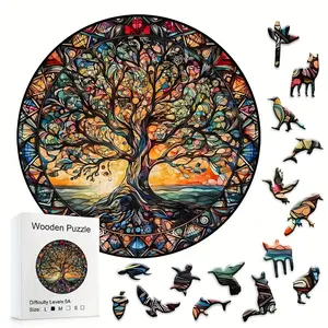 Colorful Tree of Life Boxed Wooden Jigsaw Puzzle, High-Difficulty Puzzle Challenge, Fun Activity for Company and Family Gatherings