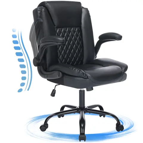 JONPONY Modern Black Office Chair Upgrade - Sturdy PU Leather Wide High Back Executive Desk Chair, 300lbs Capacity, Adjustable Lumbar Support, Space-saving Arms, Comfortable Hugging Feel, Easy Assembly, Home Office Furniture