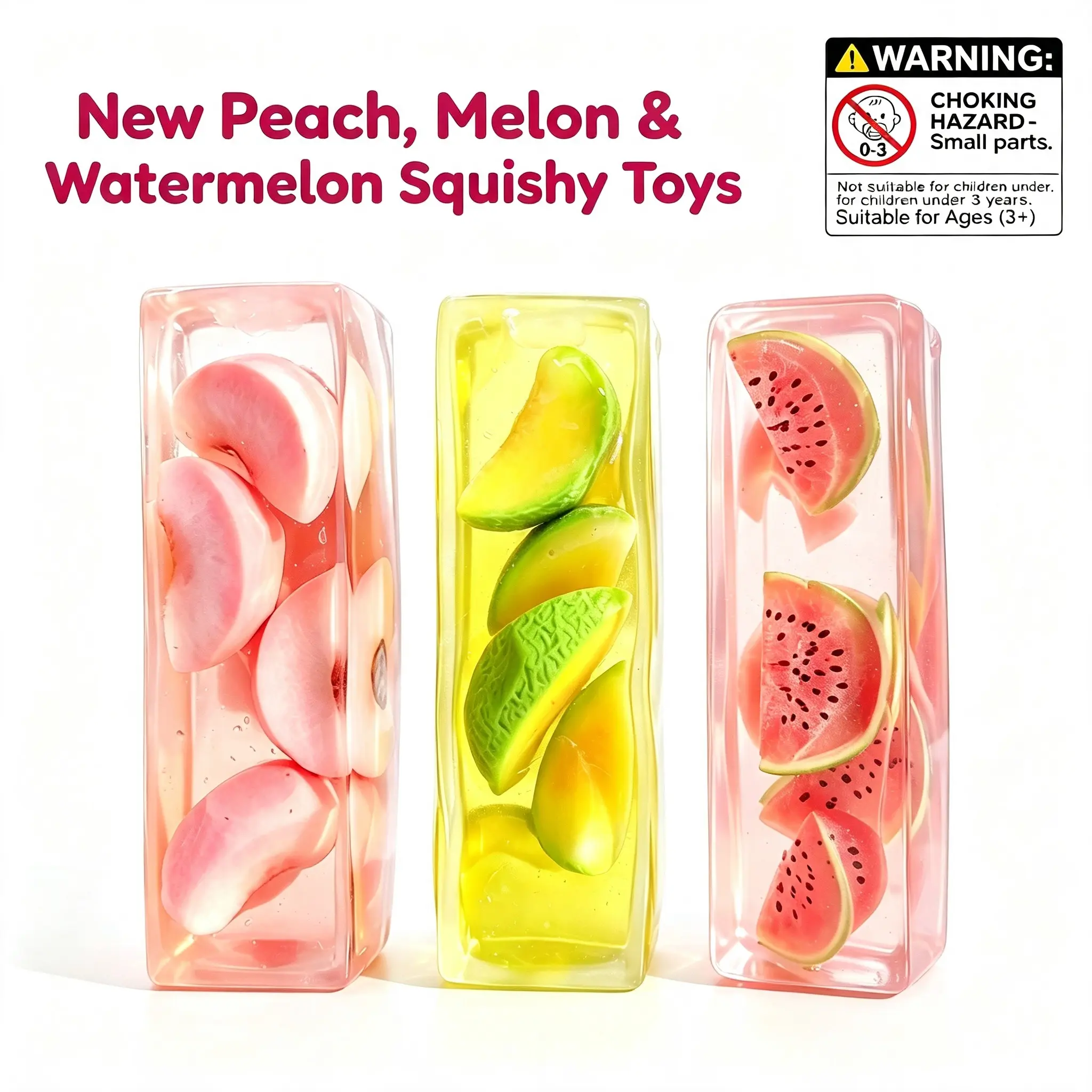 Phthalate-Free Unisex Slow Rebound Long Transparent Squeezeable Sensory Toy, 3 Fruit Designs (Peach, Melon, Watermelon) - Stress & Anxiety Relief Toy for Ages 6+ Teens & Adults
