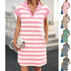 Danedvi Womens Striped Summer Mini Dress Casual Cap Sleeve Polo V Neck T Shirt Dresses with Pockets