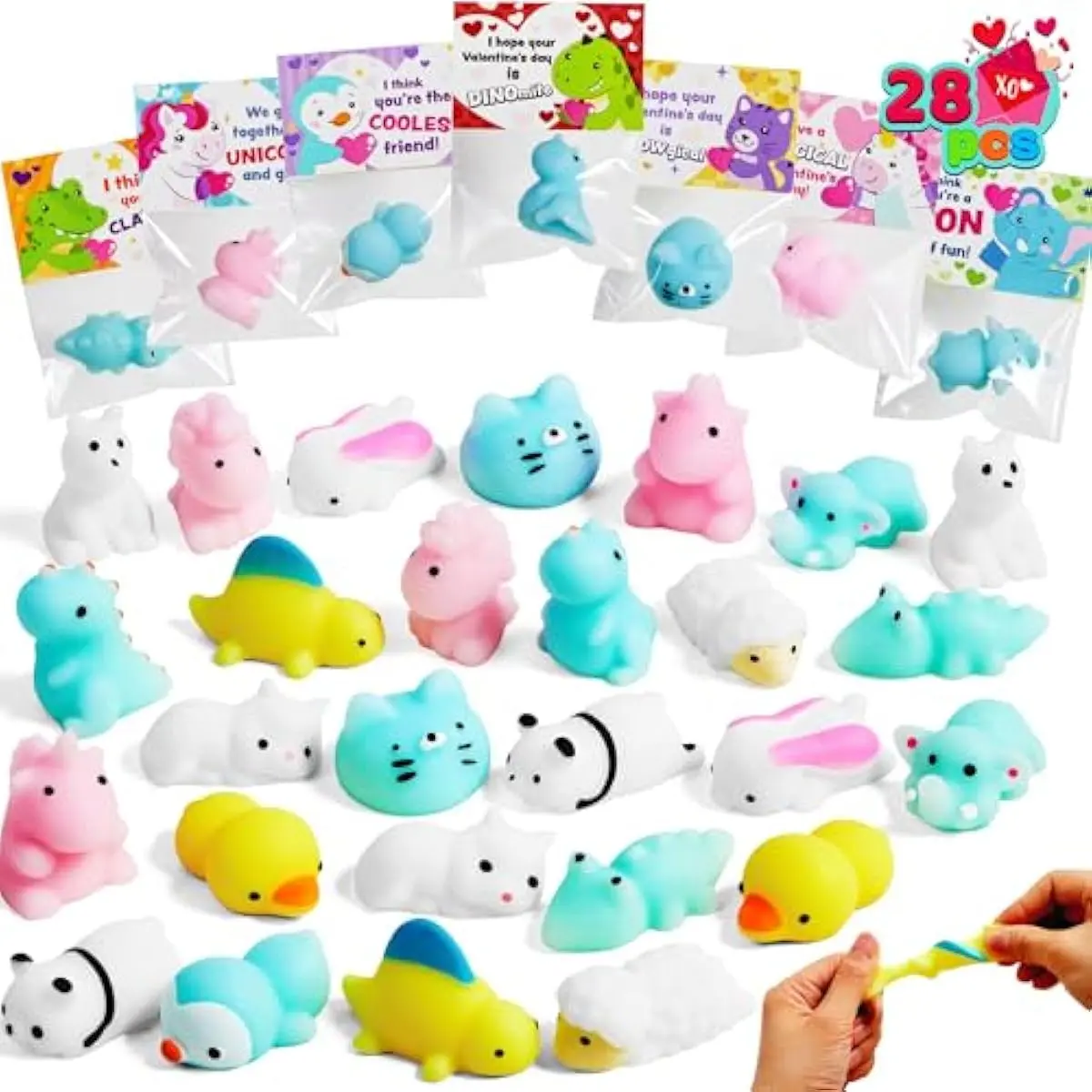 28 Packs Valentines Day Gift Cards with Mochi Squishy Toys, 14 Design Kawaii Animal Mochi Squishy Toys, Stress Relief Fidget Toy for Kids Party Favors, Classroom Gift Exchange Prize
