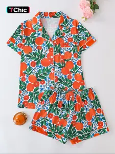 Women's All Over Print Pajamas Set, Button-up Short Sleeve Top & Elastic Shorts, Comfortable Summer Loungewear, Lady Elegant Nightwear, Womenswear, Casual Pajama Sets