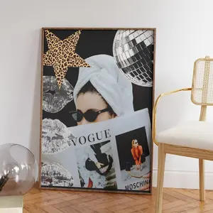 Luxury High Fashion Aesthetic Girl Reading Vogue with Disco Balls, Cheetah, Stars, and Kisses