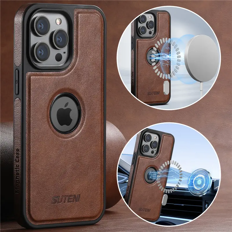 Fin EUCAGR  Luxury Leather MagSafe Magnetic Wireless Charging Case For iPhone 15 16 17 Pro Max 14Plus 13Pro 12 Pro Max Back Cover