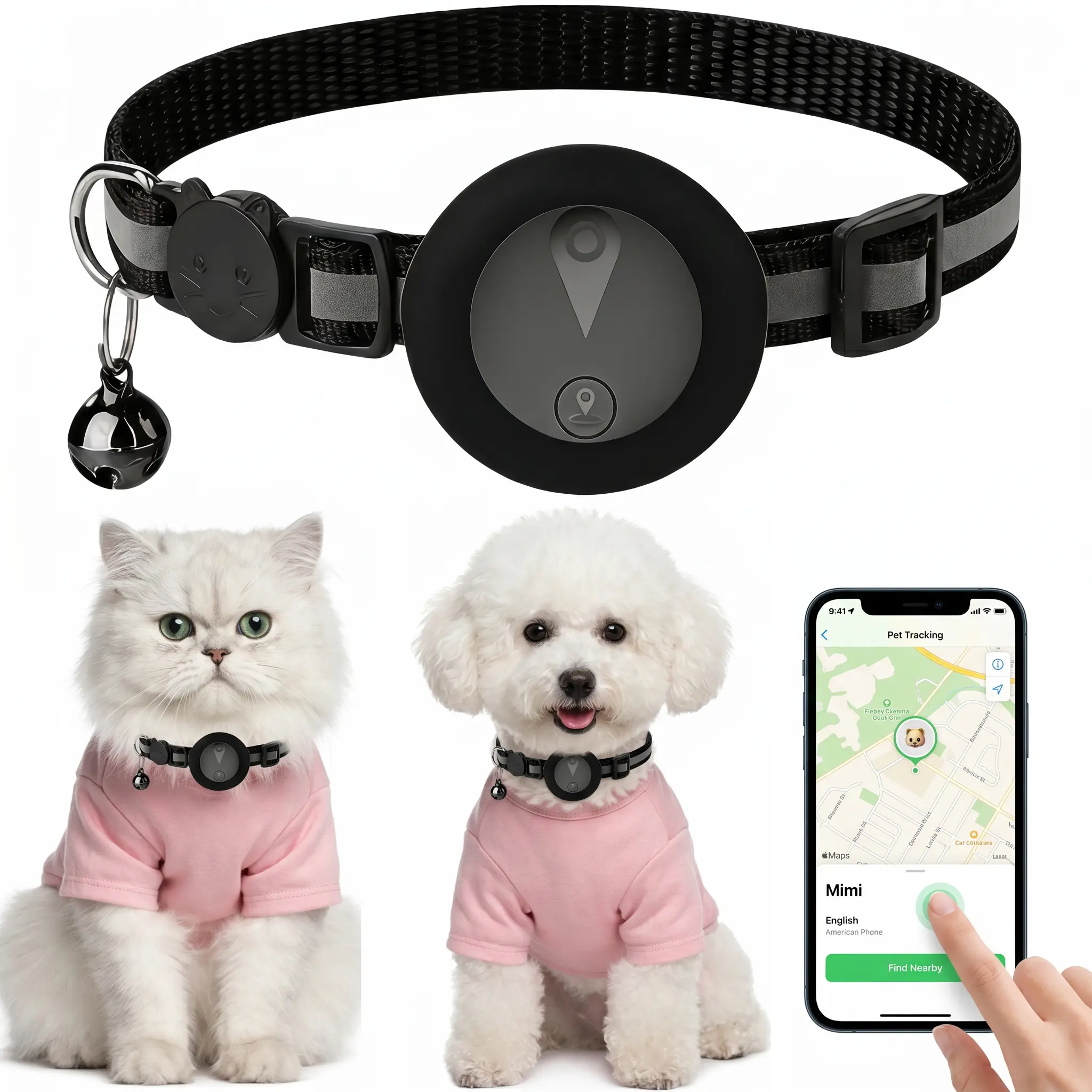 Compact Wearable GPS Tracker for Pets - No SIM Card Required, iOS 'Find My' Compatible, Real-Time Location Tracking, 360-Degree Reflective Tape, Adjustable Collar, IP67 Waterproof, No Monthly Fees, for Small/Medium/Large Pets
