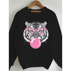 Tiger Bubblegum Graphic Sweatshirt| Quirky Babe’s Coffee Run +relax Must - Have Casual Comfy