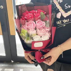 Artificial Rose Bouquet, 18 Pieces Roses Faux Flower Bouquet with Gift Box, Decorative Flower for Wedding, Birthday, Party, Home Decor, Fruit