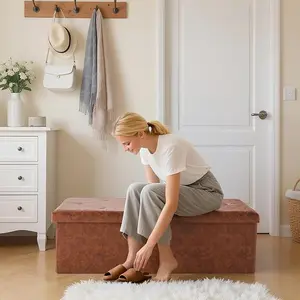 43in Foldable Storage Ottoman Bench Large Padded Seat with Hidden Compartment Footrest or Shoe Bench for Bedroom Living Room Entryway 660lbs Capacity PU Leather Comfortable & Durable Design