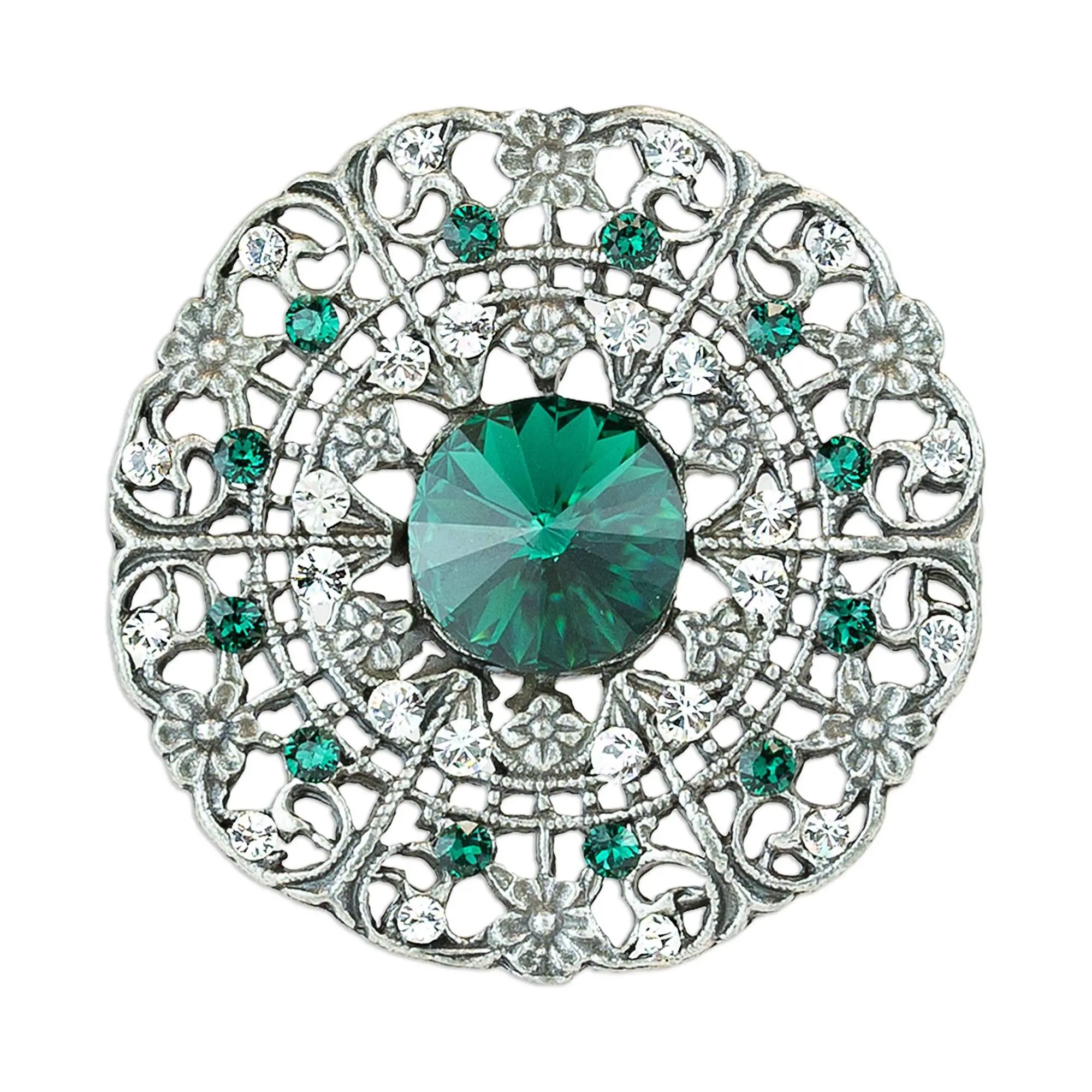 Anne Koplik Filigree Emerald Green Crystal DiscPin