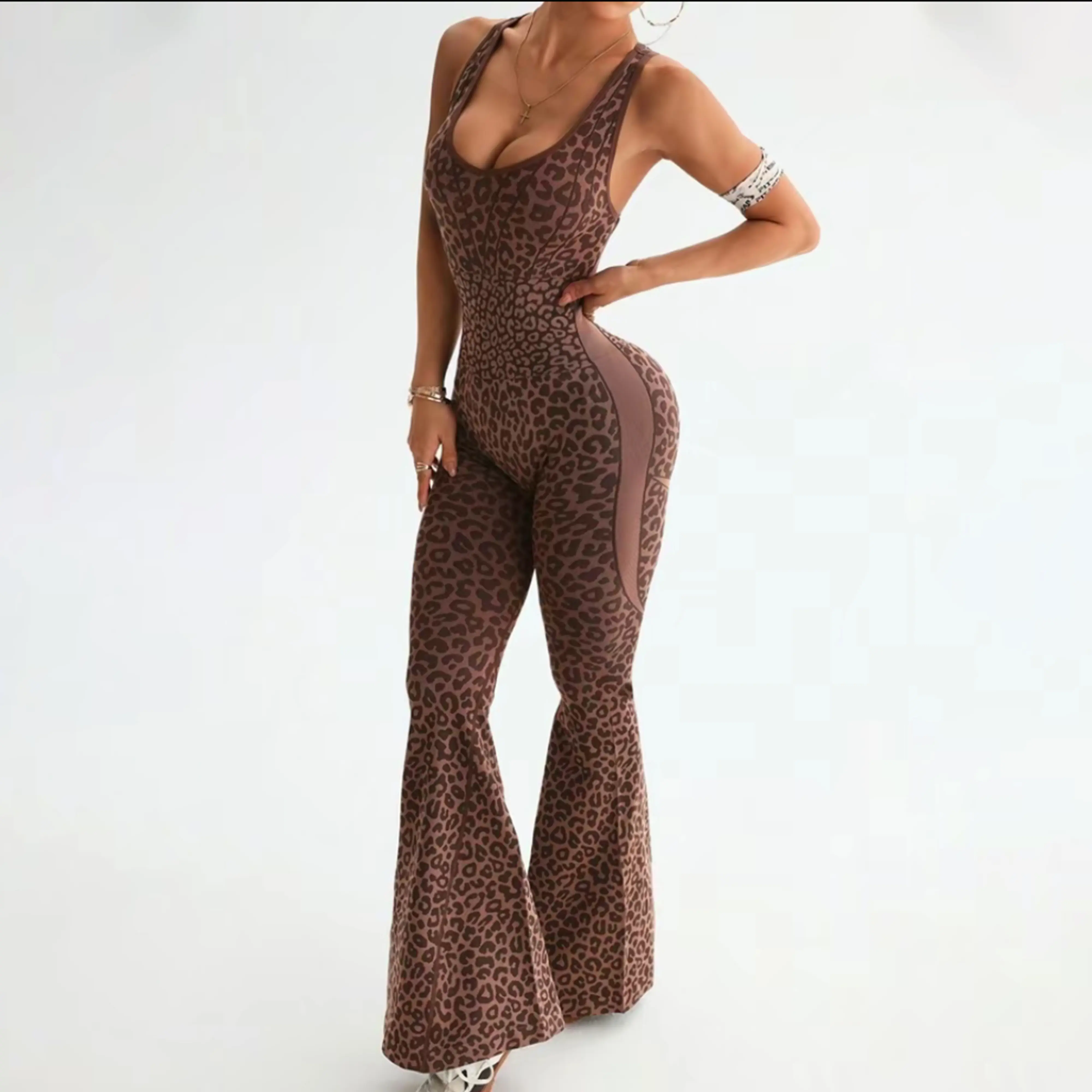 Jumpsuits for Women, Leopard Print Flared Activewear, Fitted High Waist Design with Twisted Back, Female Gym Clothing, Twisted Back Look, Sporty Women's Sports Jumpsuits