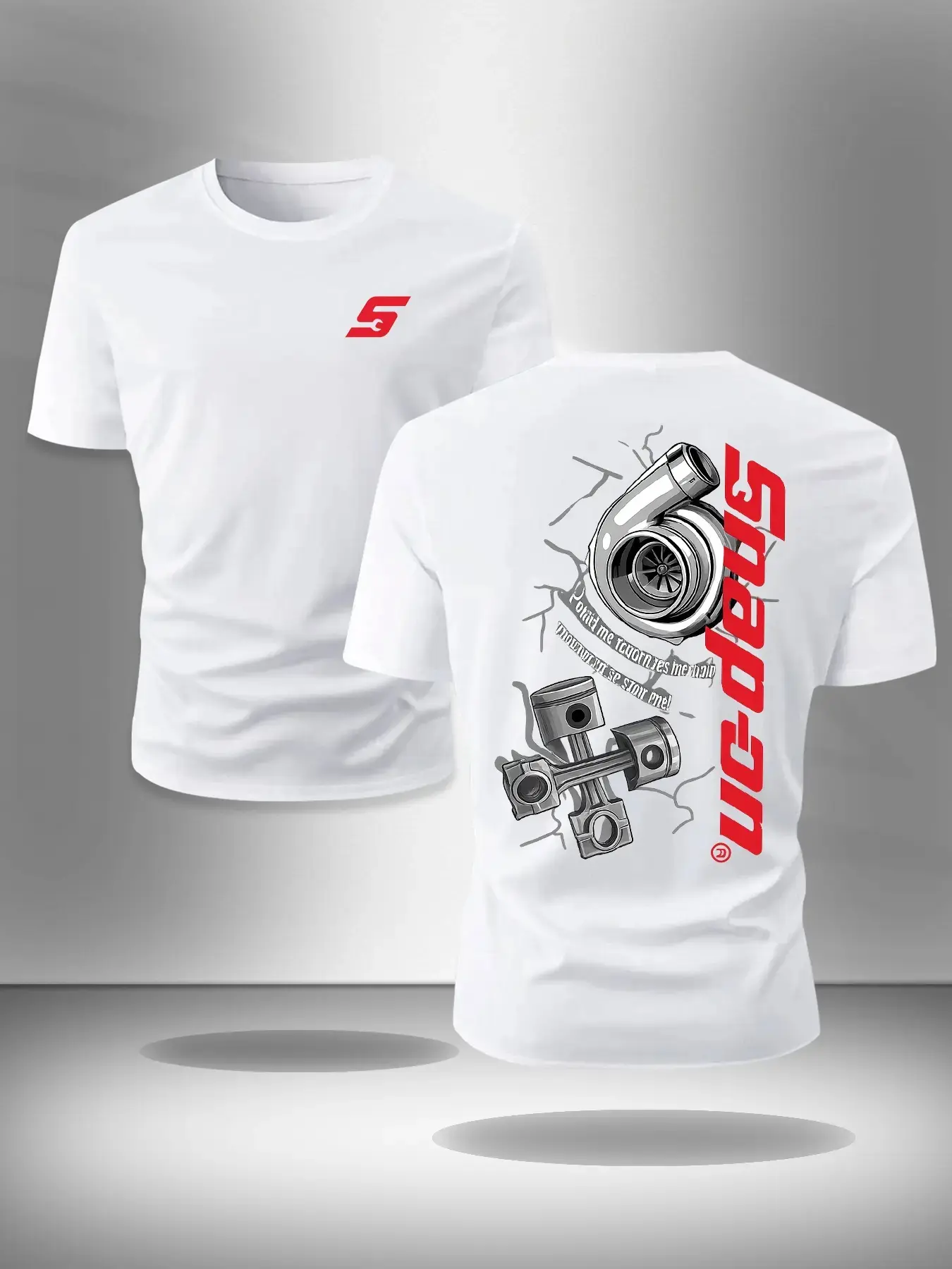 Turbocharger Piston T-shirt - Black Crewneck Round Neck Long T-shirt with small front and back Graphic patterns of turbocharger and piston, mechanical style, men's Fitted T-shirt, casual wear, gift for car enthusiasts, top men's streetwear casual wear