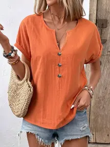 Summer New Loose Fit Casual Basic Women's Top, Button V Neck Short Sleeve Comfortable Breathable T-Shirt, Ladies Fashion Apparel, Womenswear