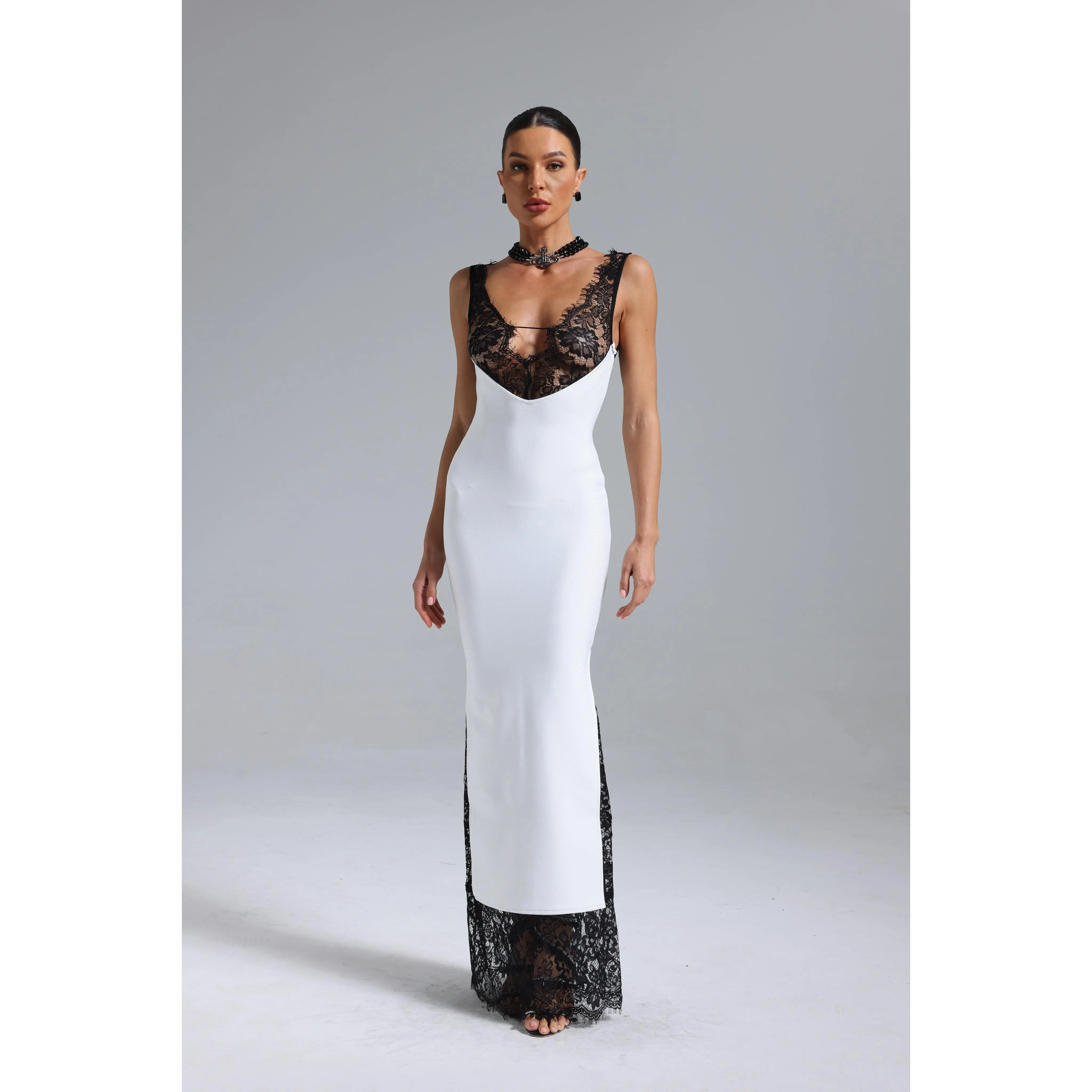 Women's Formal BellaBarnett Gunnhild Lace-V Drama Deep V Maxi Dress