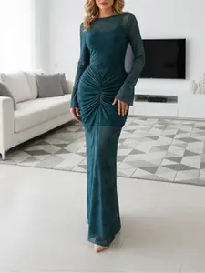 QFAF Dark Teal Mesh Ruched Maxi Dress with Matching Slip Dress – Long Sleeve Sheer Bodycon Gown, Snatched Waist Fit, Heavy Hip Ruching, Curve-Enhancing Silhouette, Floral Print Mesh Overlay, Elegant Sexy Evening Dress for Party, Date Night, Birthday