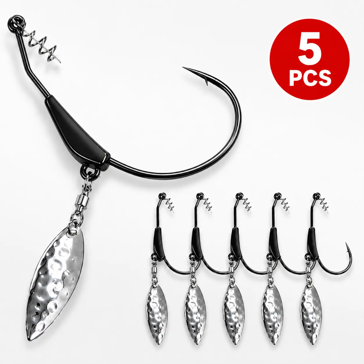 5PCS Weighted Underspin Swimbait Hooks with Twistlock, EWG Weighted Hooks with Hammered Spinner Blades for Soft Baits, Freshwater & Saltwater Fishing