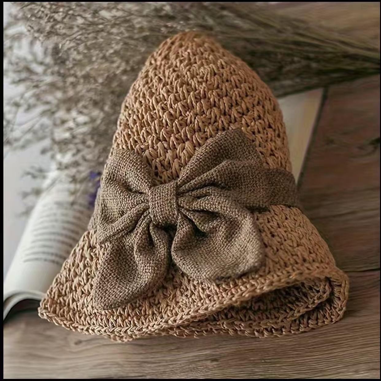 Versatile retro woven handmade straw hat withruffled bow, elegant French sun hat, foldable,breathable travel beach hat.Folds compact for easy portability.