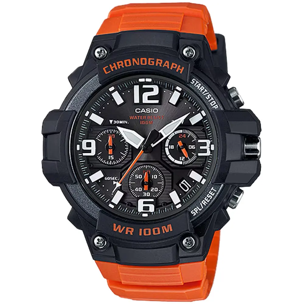 Casio Men’s Black Dial Chronograph Watch with Orange Resin Strap - MCW-100H-4AV