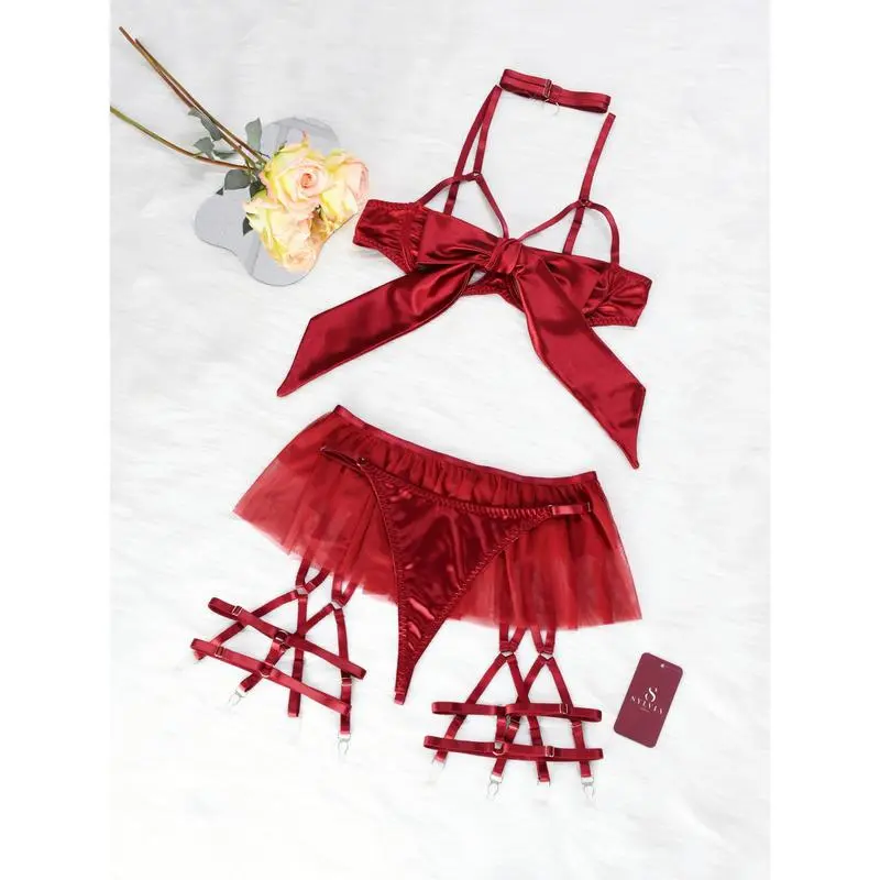 Women'S 6Pcs Sexy Silk Bow Front Push up Bra Lingerie Set,Comfortable Lingerie & Underwear, Girls Conquet Te Outfit Red Lingerieset Womenswear Lady Sexy Lingerie Elegance Feminine Does not apply