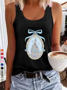 Women's Bow & Castle Print Tank Top, Casual Sleeveless Round Neck Top for Daily Wear, Ladies Clothes for All Seasons, Sleeveless Tank Tops, Socks