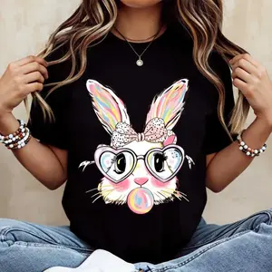 Adorable Bunny Rabbit TShirt White Colorful Easter Bunny With Heart Glasses And Bubblegum Print Perfect For Spring And Holiday Celebrations