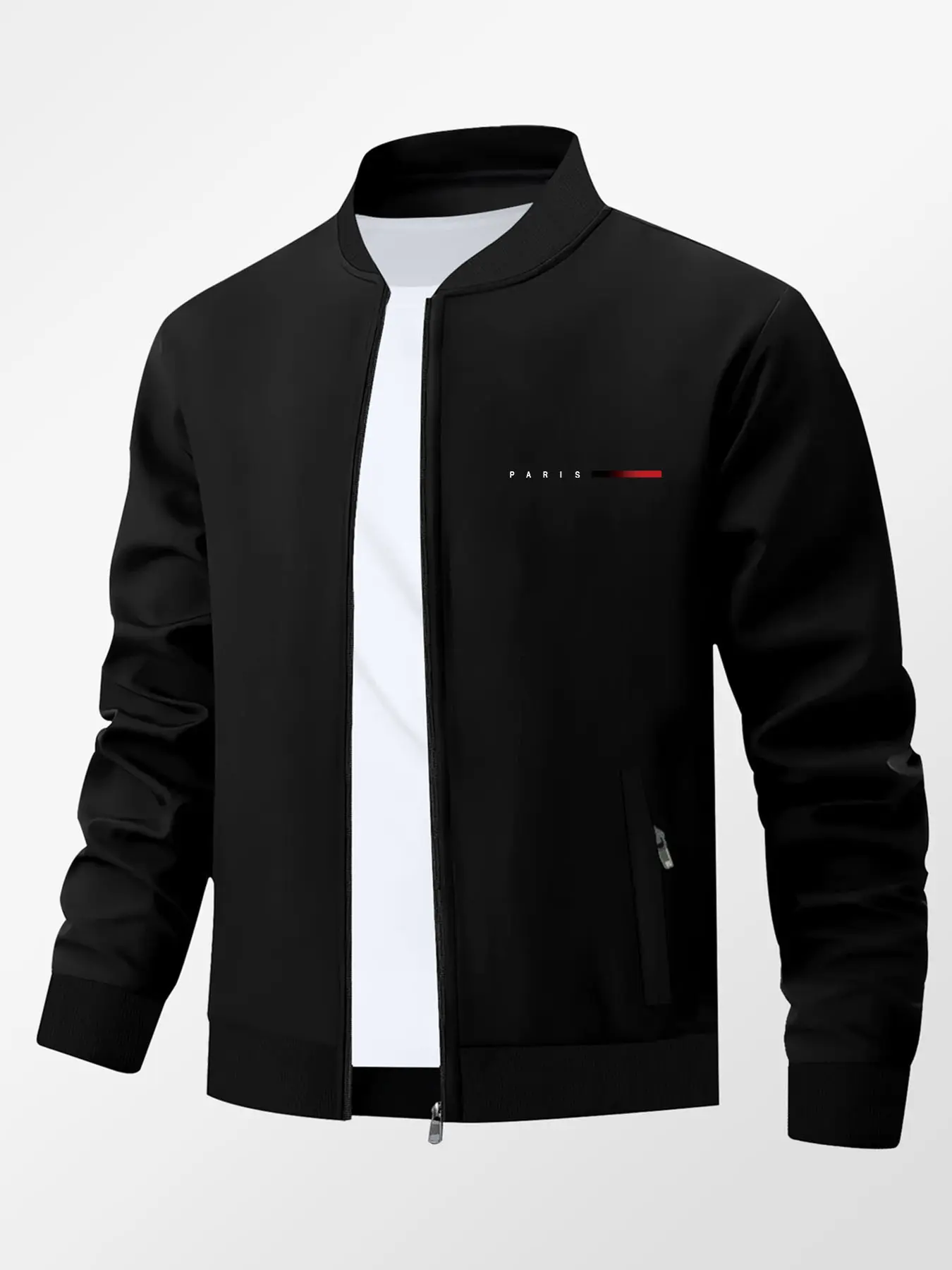 Men's Fall Winter Casual Fitted Letter Print Stand Collar Jacket, Business Style Outdoor Sports Coat, Zipper Closure Design, Collared Jacket, Casual Fashion Jacket, Casual Jackets