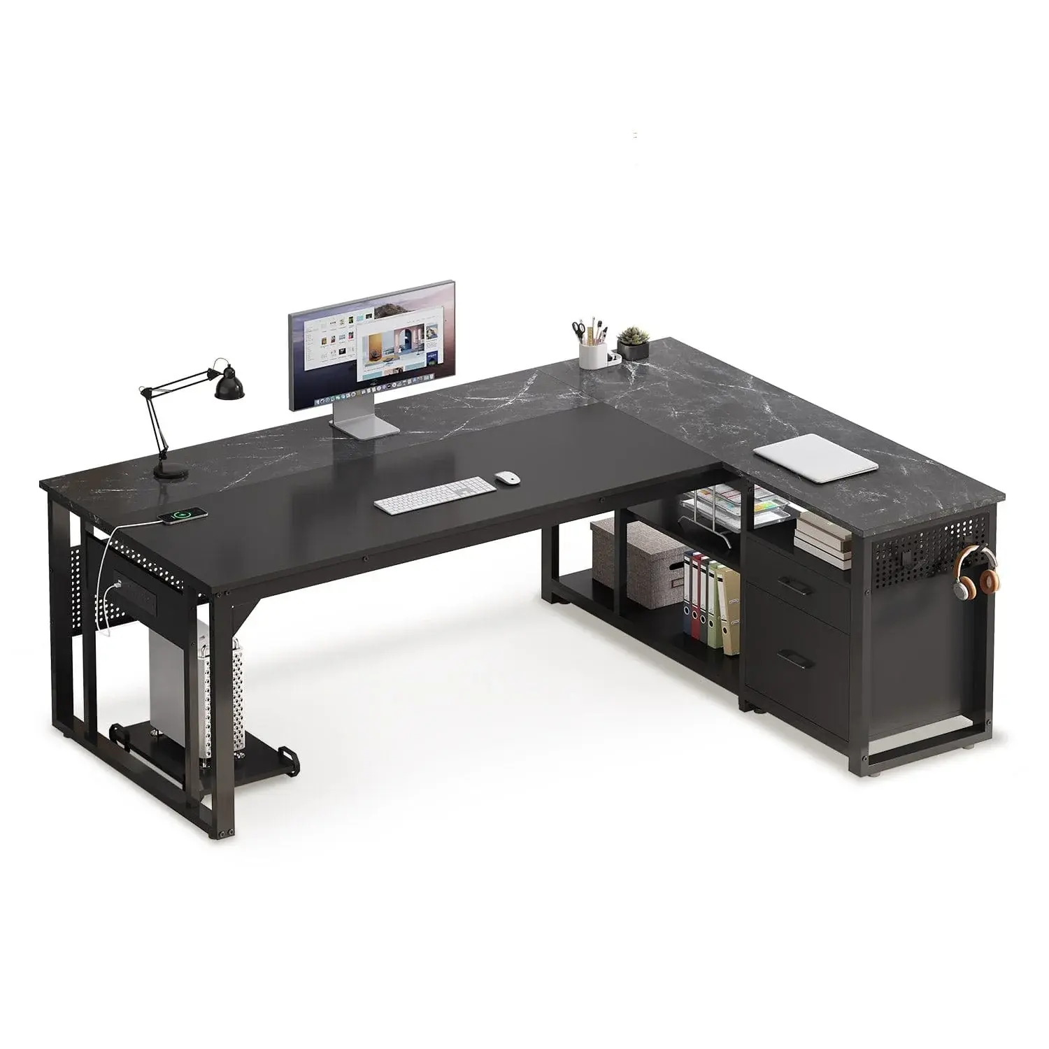 71 in Reversible L Shaped Executive Desk with Power Outlets Black 71 in Reversible L Shaped Executive Desk with Power Outlets Black