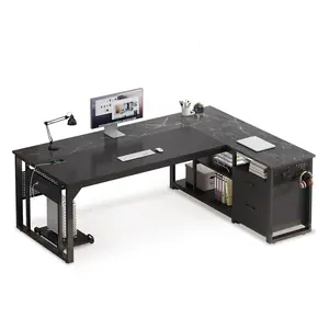 71 in Reversible L Shaped Executive Desk with Power Outlets Black 71 in Reversible L Shaped Executive Desk with Power Outlets Black