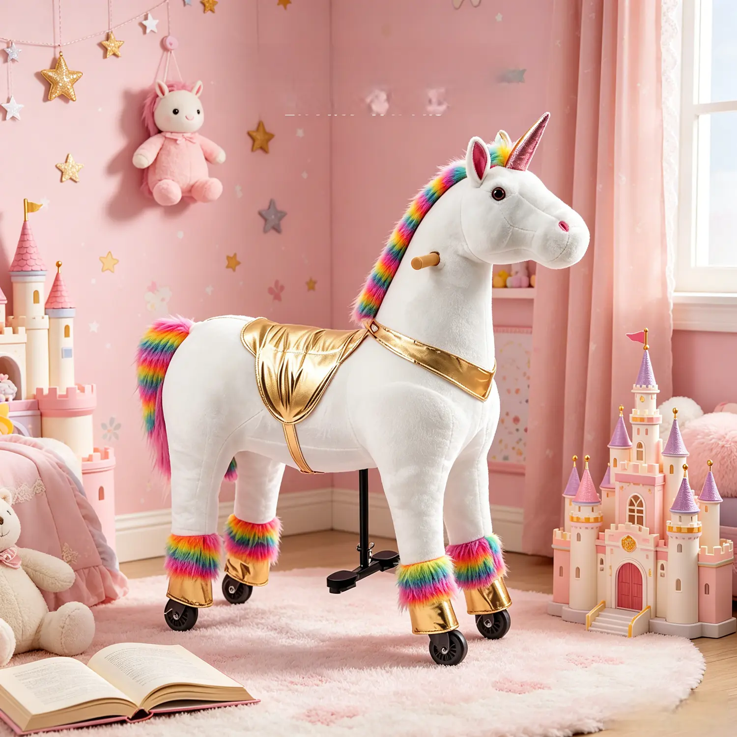 Linor Unicorn Ride on Toy for Girls 4 to 9 Years, Soft Plush Horse Riding with Steering Handle, Weight Capacity 165 LBS, No Batteries or Electricity Cute Play
