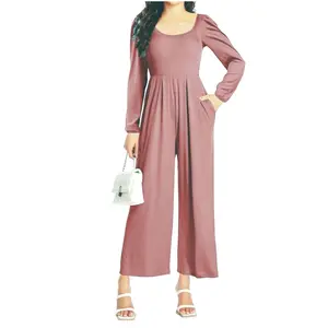 Women's Casual Jumpsuits with Wide Leg Pants and Pockets - Dressy One Piece Outfits - Womenswear, Overalls Clothing Long Sleeve fall two Bottom Garment Loose Polyester Rompers Soft