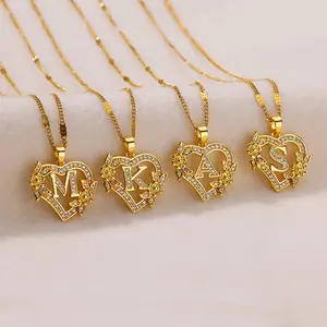 Light Luxury 26-Letter Hollowed-Out Heart-Shaped Letter Pendant Necklace, Diamond-Embellished, Versatile Elegant Design, Copper Chain, Diamond Inset
