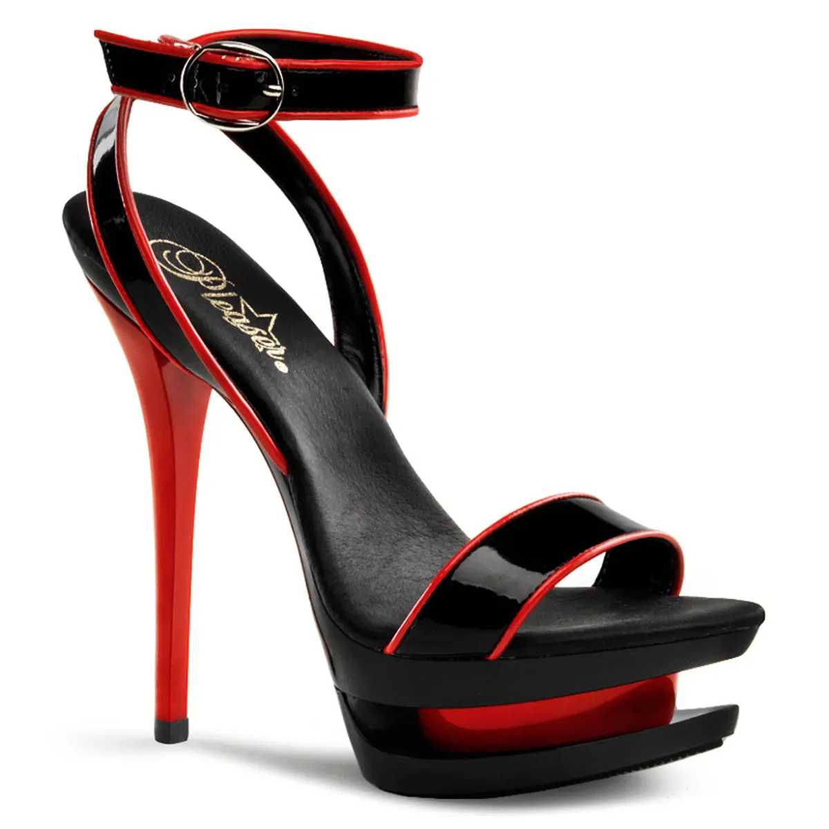 PLEASER BLONDIE-631-2 Women's Colorblock Black-Red Pat Platform Stiletto Sandals, Elegant Party Heels, Clubbing Footwear, Statement Shoes, Dramatic Height, Adjustable Strap, Open Toed Sandals, 6 Inch Heels, Club Wear, Patent Leather
