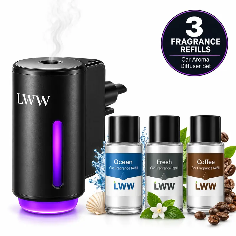 LWW Dual Car Aroma Diffuser Set with 10 Fragrance Oils, USB Rechargeable Vent Clip Diffusers with 3 Spray Modes