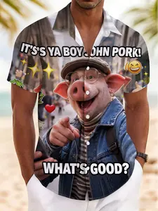 New Summer Men's Shirt, John Pork 'ya Boy' Funny Print Short Sleeve, Comfortable Breathable Daily Wear, Casual Slim-Fitting Style