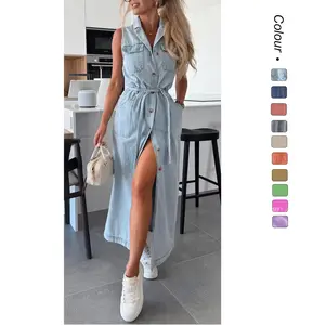New sleeveless long strap-up waist single-breasted denim dress