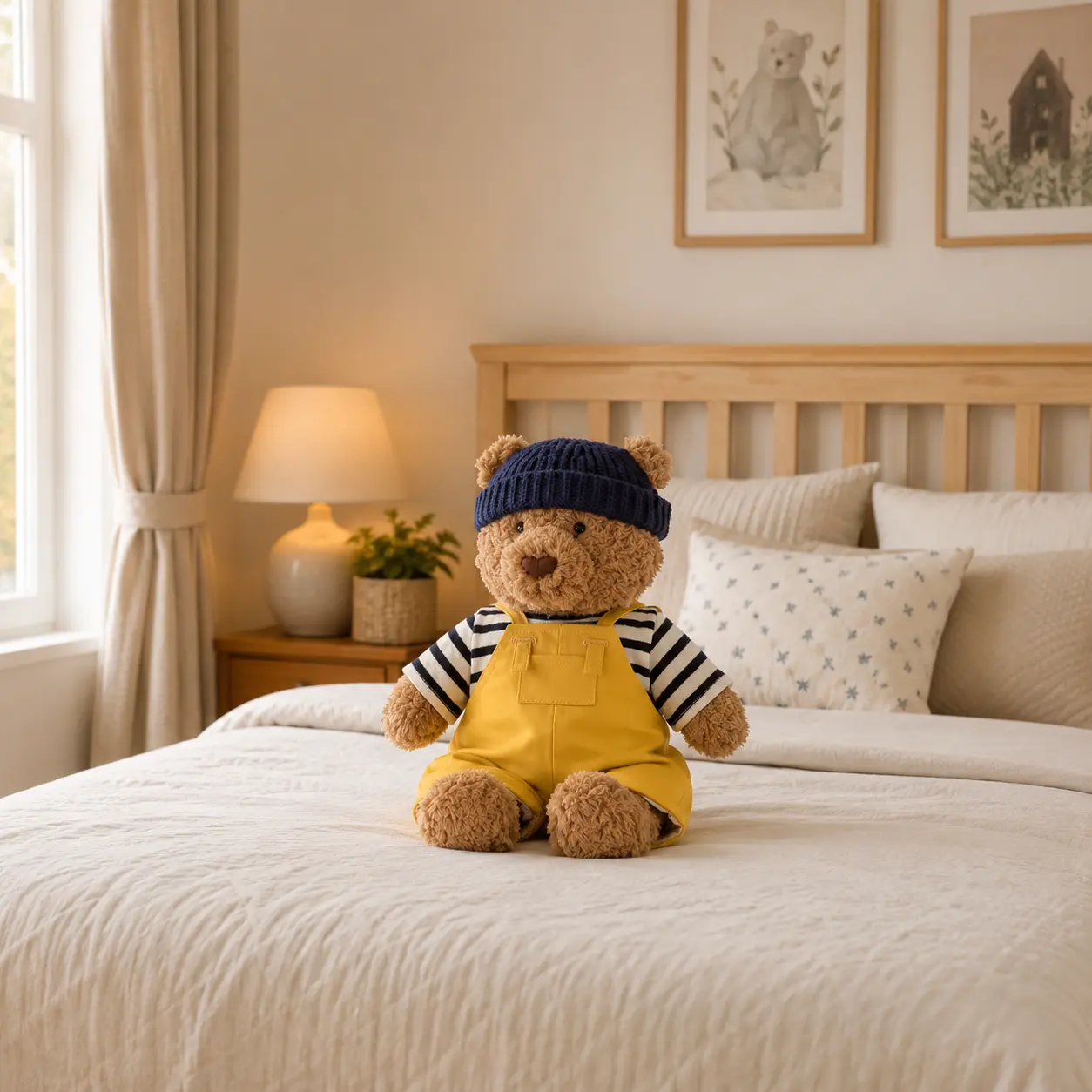 Jellycat Teddy Bear Plush with Yellow Overalls & Navy Beanie – Soft Stuffed Animal Gift
