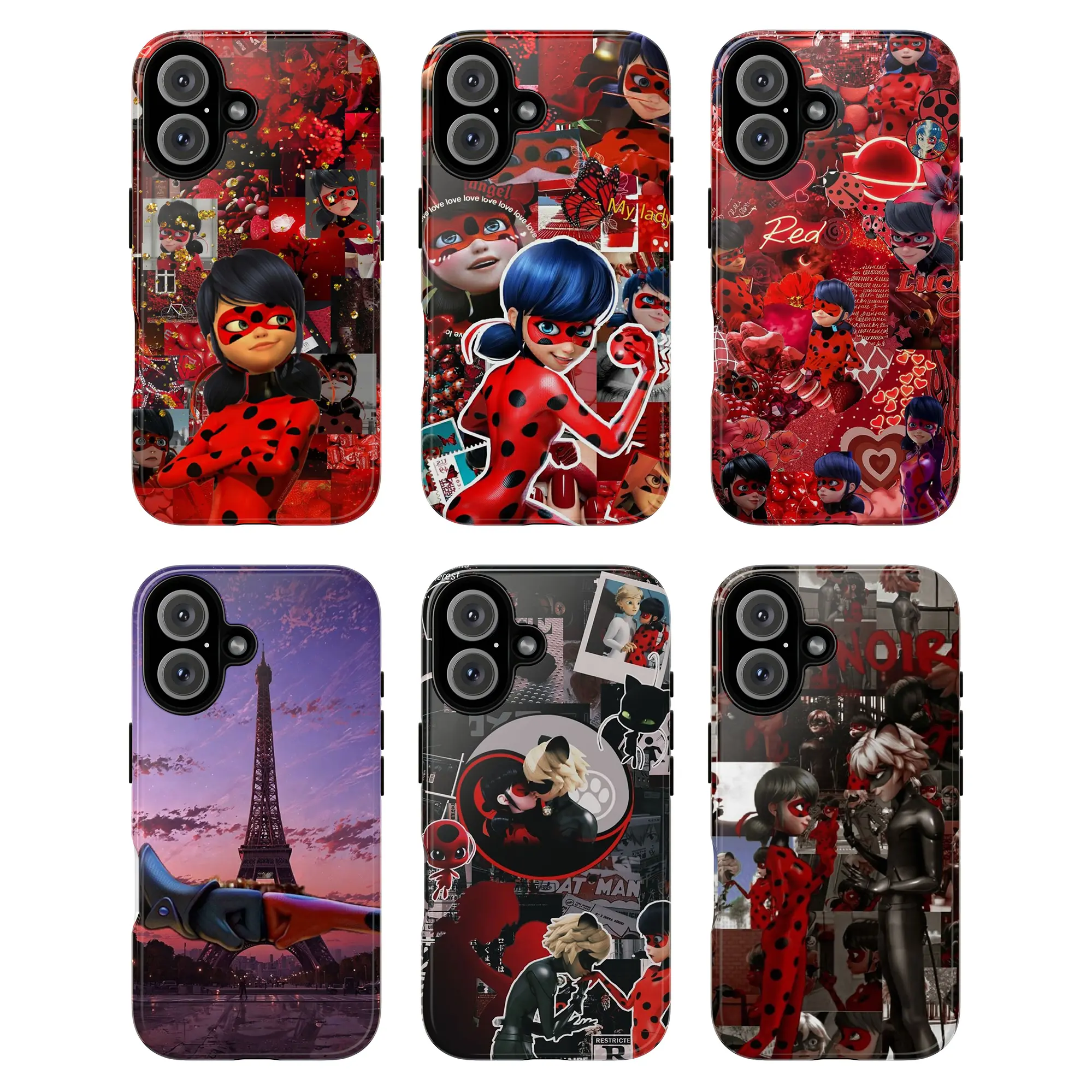 Ladybug & Cat Noir Phone Case, Miraculous Cartoon Collage Red Black Paris Eiffel Tower Characters Ladybug Cat Noir Hearts Love Yo-Yo Weapon Anime Style Playful Artistic Retro Aesthetic for iPhone 17 17 Pro Max 17 Pro 17 16 15 14 13 12 11