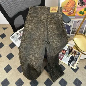 Vintage High Street Leopard Print Wide Leg Jeans for Men Trendy Streetwear Loose Straight Casual Long PantsNO.1728