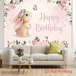 Trendy Rabbit Happy Birthday Backdrop, 2D Floral Print Banner, Soft Bunny Decoration, Baby Room Wall Hanging, Party Photo Background
