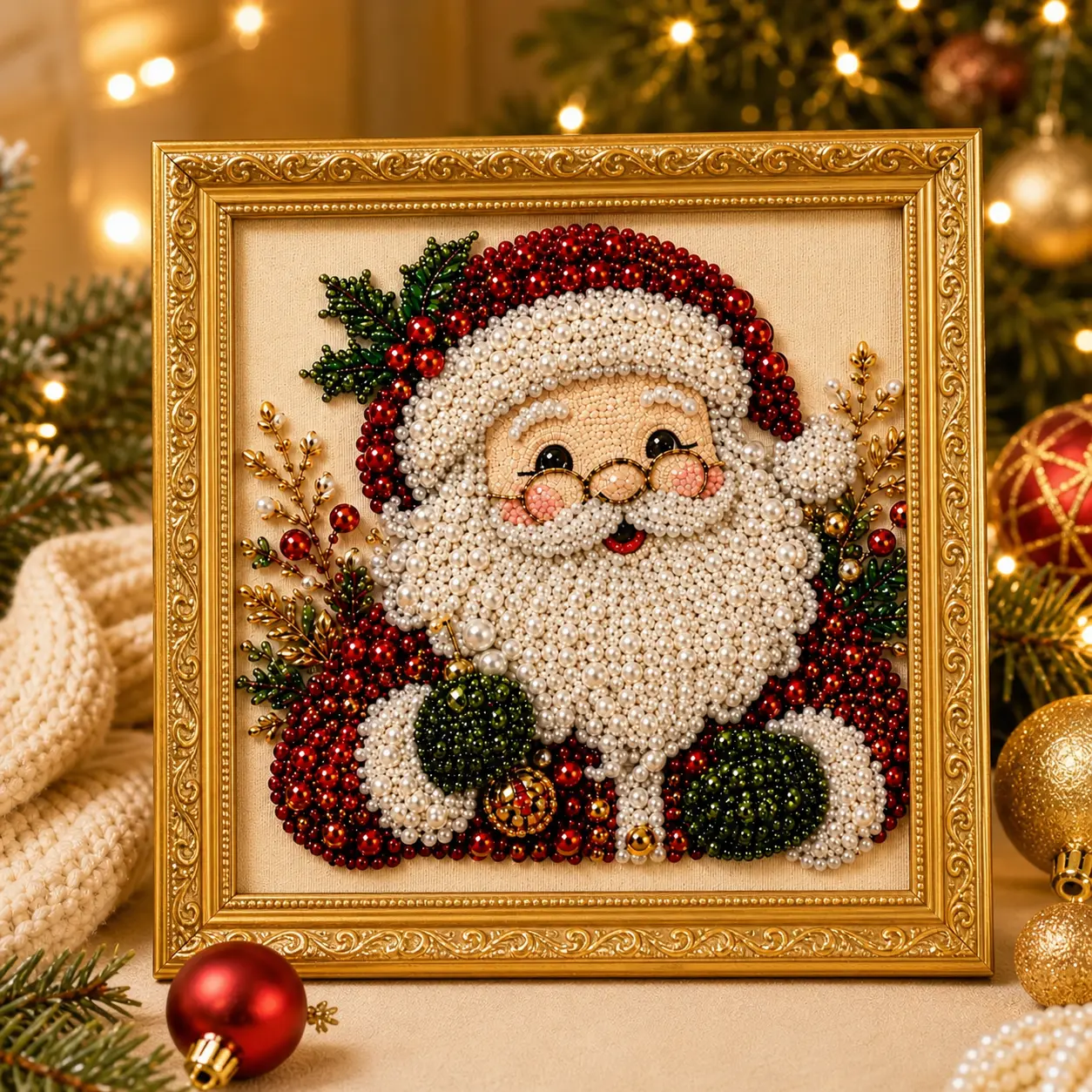 Frameless 3D Beaded Diamond Painting Kit, Christmas Wreath & Stocking Pearl Mosaic Art, Stress Relief DIY Wall Decor for Home