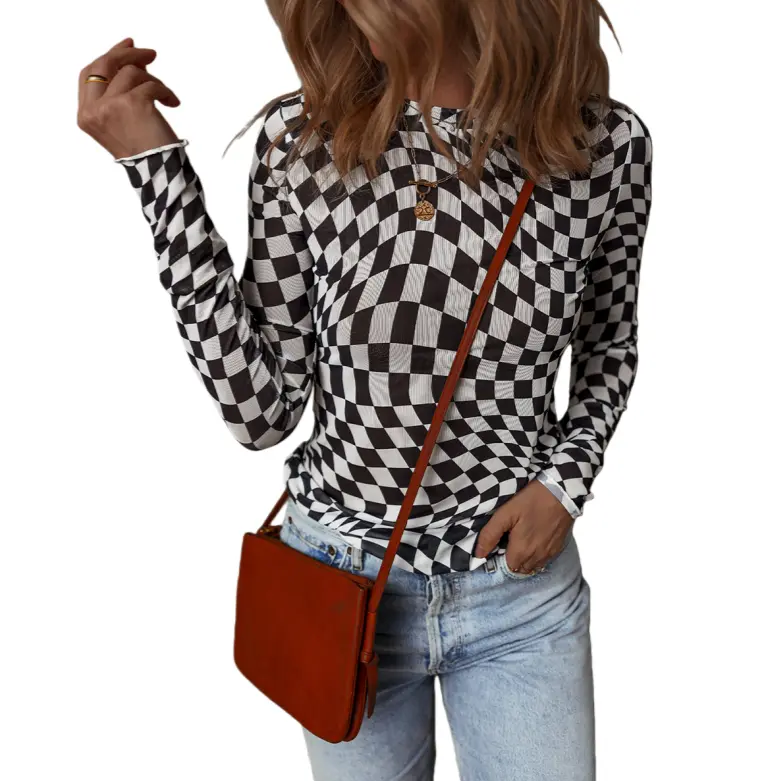Asvivid Checkerboard Plaid Long Sleeve Top 2026 Trend Checkered Pattern Mesh Mock Neck Shirts Tops Spring Fall Fashion sohochic