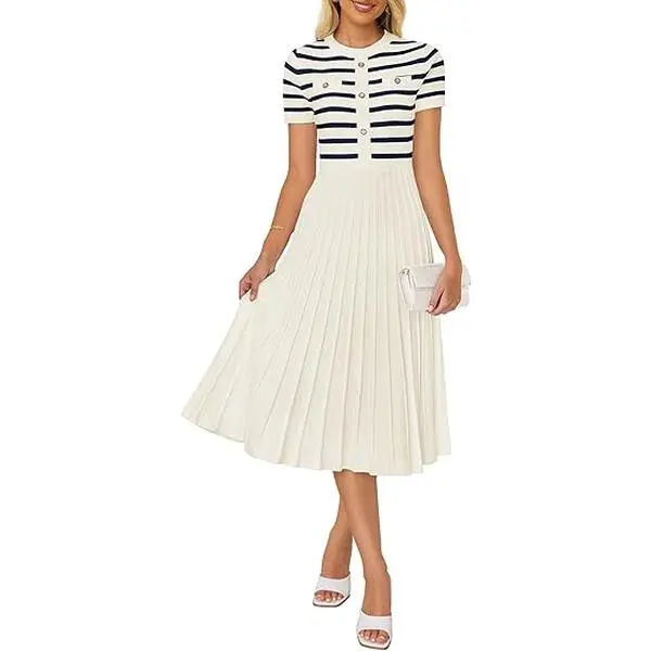 ZESICA Women's 2025 Casual Striped Midi Dress Crewneck Short Sleeve Button Ribbed Knit Swing Pleated A Line Dresses