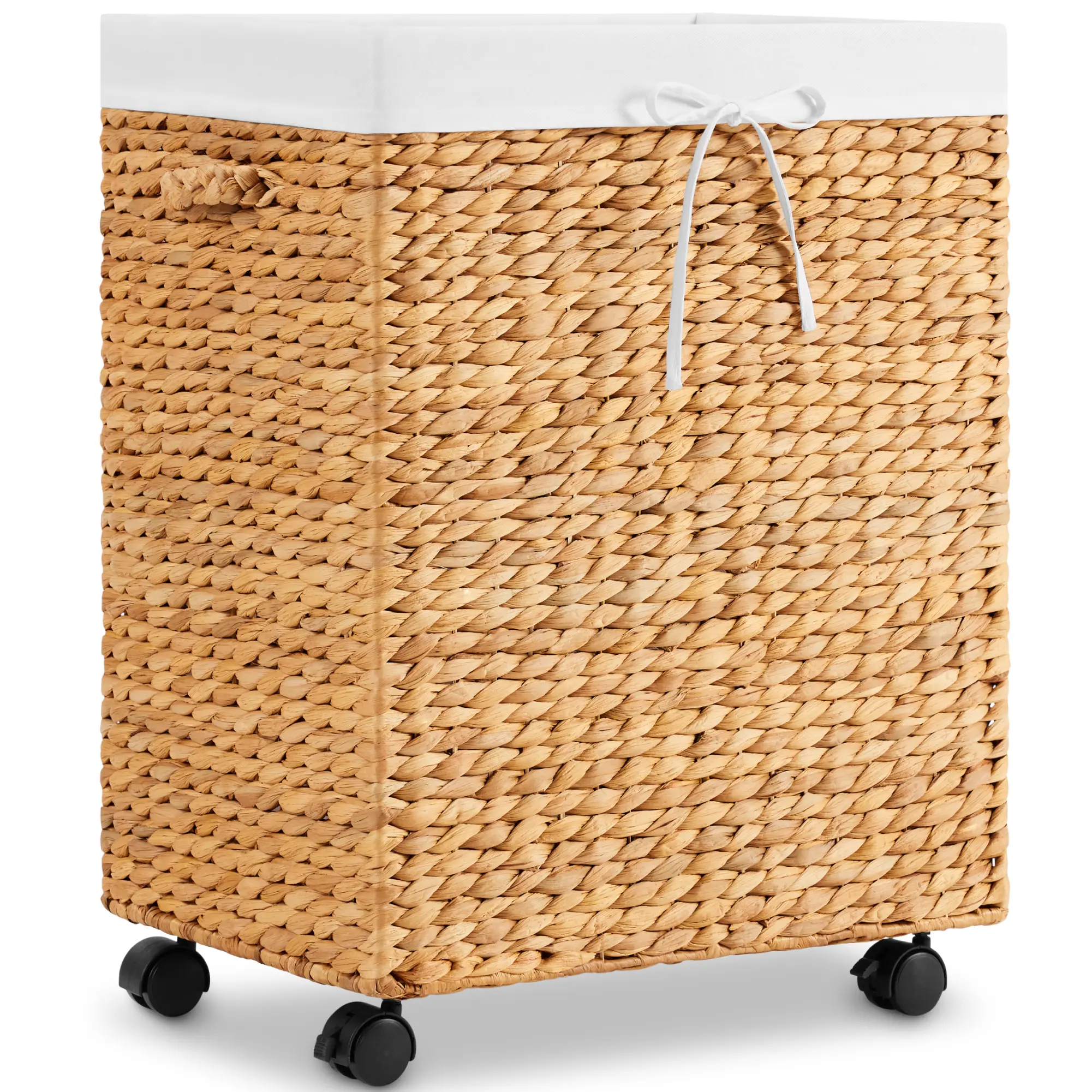 Best Choice Products Medium Laundry Hamper W/ Rolling Wheels, Woven Hyacinth Laundry Basket W/ Liner, 24 Gal