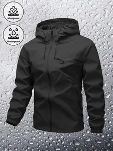 Men's Plain Waterproof Windproof Drawstring Zip Up Hooded Jacket, Casual Long Sleeve Zipper Pocket Design Outerwear for Outdoor Activities Men's Clothes for All Seasons, Menswear m  65  jacket Stripe Print Baseball Bomber Jacket Coats Stylish SpringStatem