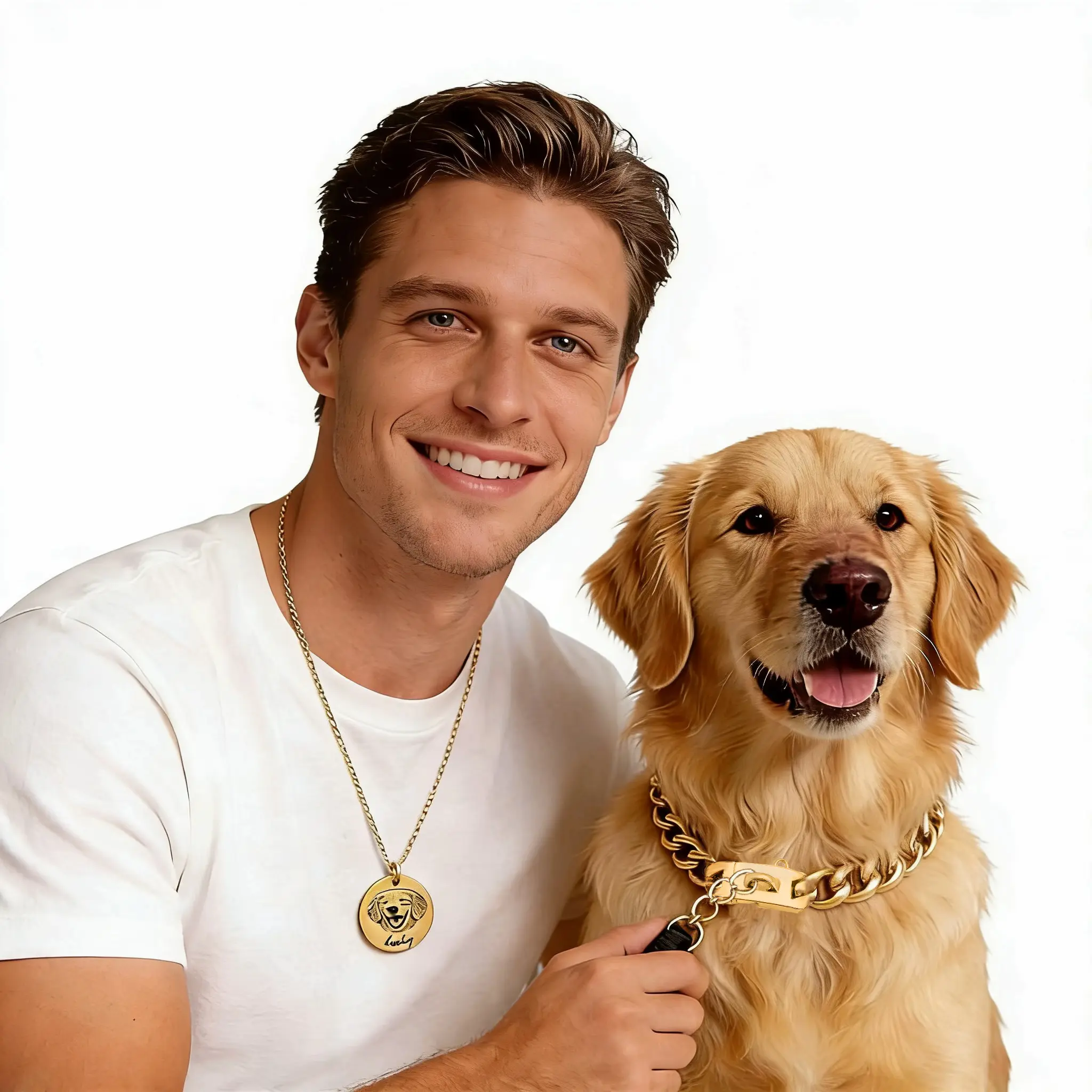 1 Set 19mm Gold Stainless Steel Dog Chain And Laser Engraved Pet Portrait Necklace W/Name & 24K Gold Coin Jewelry For yourseld and Dog/Cat