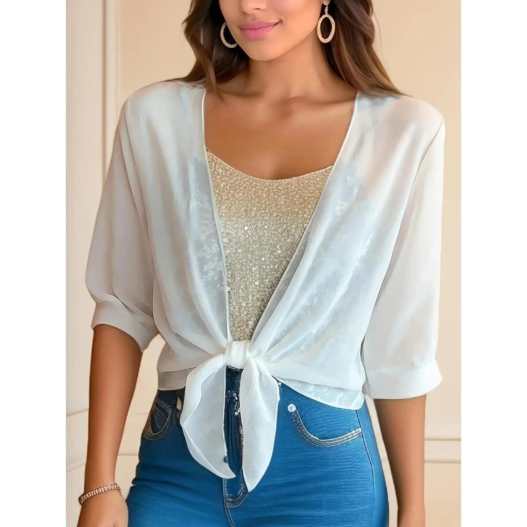 Lady's Sheer Chiffon Dress Cover-Up, Solid Tie-Front Half Sleeve Shrug, Short Lightweight Layer, Summer Women's Clothes, Sheer Chiffon Feels Airy, Short Length, Easy Layer, Solid Color, Clean Look,clothes for back to school,first day of school outfits